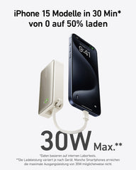 Anker Nano Powerbank 10.000 mAh, 30 W, integriertes USB-C-Kabel, USB-C & USB-A – Weiß – Bild 02