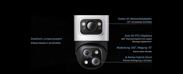 eufy S4 Max Kamera mit drei Objektiven und Hybrid-Zoom
