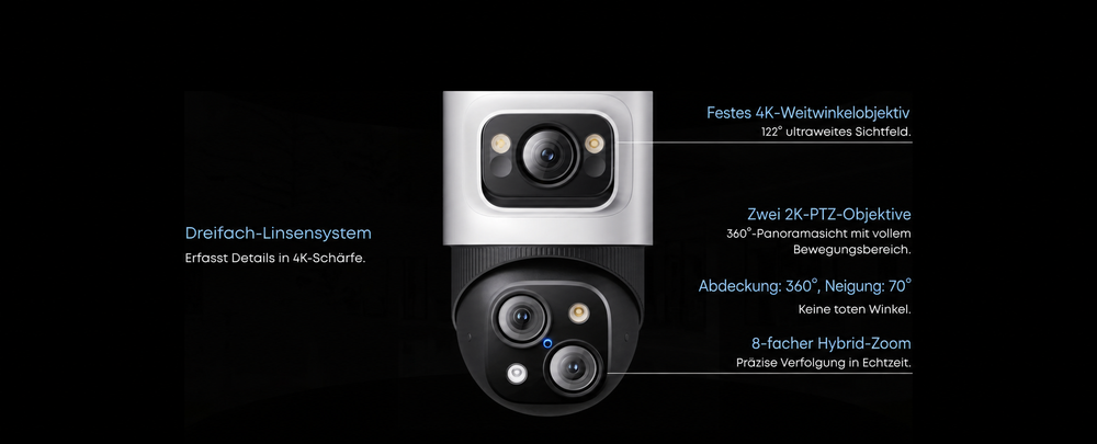 eufy S4 Max Kamera mit drei Objektiven und Hybrid-Zoom