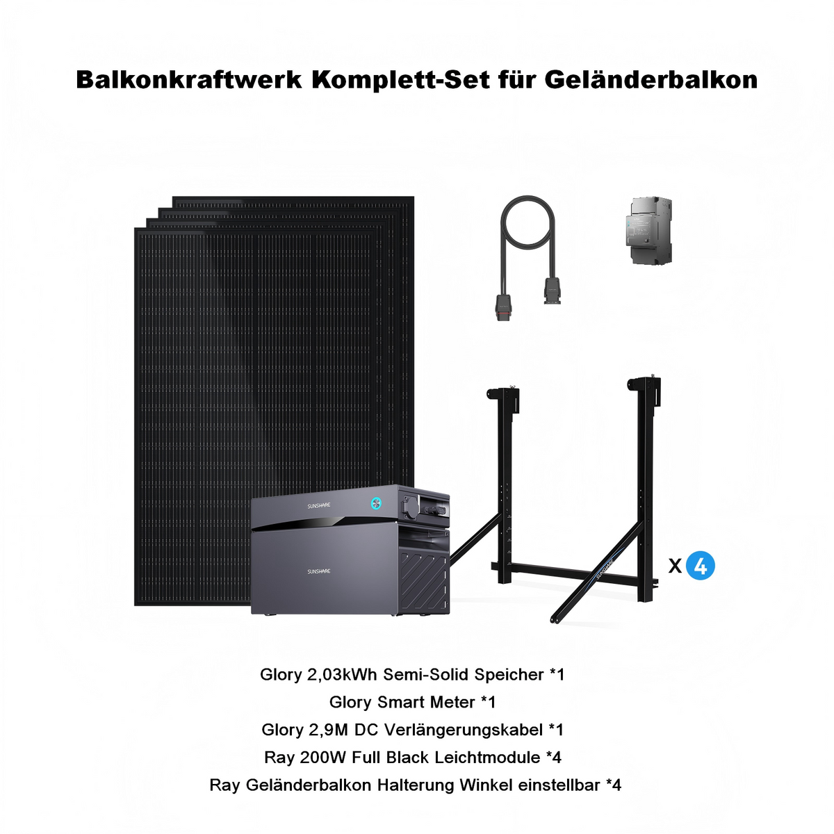 Sunshare Bundle Glory 800W-2kWh Set für Geländer-Balkon - 0% MwSt. gem. § 12 Abs. 3 UStG