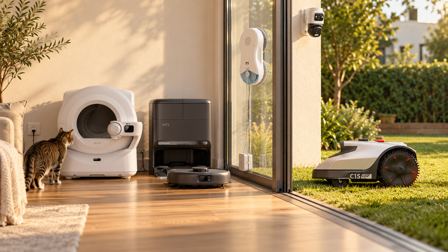 eufy X10 Pro Omni Saug- und Wischroboter, PETKIT Purobot Katzentoilette und HUTT 10 Fensterputzroboter in einem sonnigen Wohnzimmer