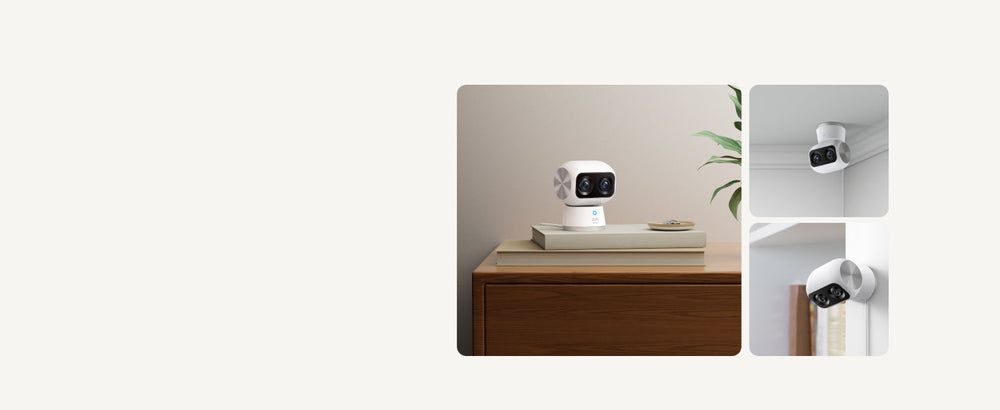 Eufy S350 Innenkamera auf einem Möbelstück und an einer Wand montiert