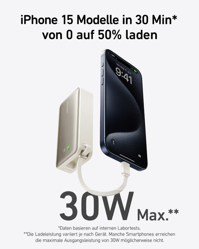 Anker Nano Powerbank 10.000 mAh, 30 W, integriertes USB-C-Kabel, USB-C & USB-A – Weiß – Bild 02