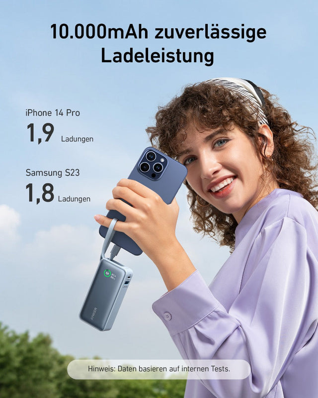 Anker Nano Powerbank 10.000 mAh, 30 W, integriertes USB-C-Kabel, USB-C & USB-A – Blau – Bild 04