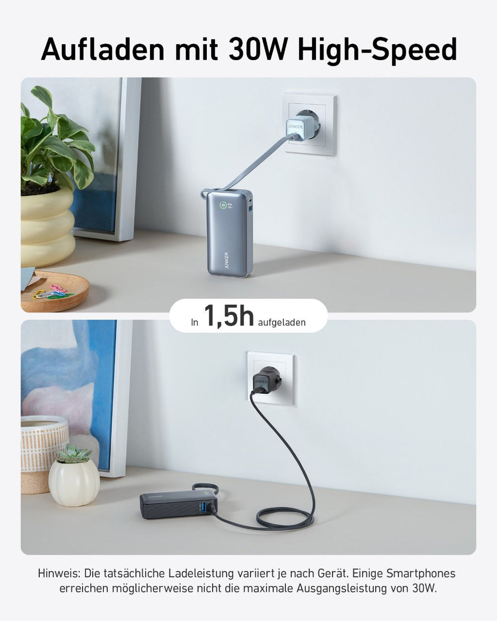Anker Nano Powerbank 10.000 mAh, 30 W, integriertes USB-C-Kabel, USB-C & USB-A – Blau – Bild 05