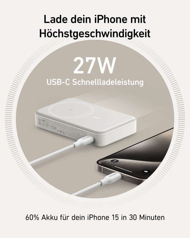 Anker MagGo Powerbank 10.000 mAh, Qi2 15 W kabellos, 27 W USB-C, Smart-Display und Ständer – Weiß – Bild 07
