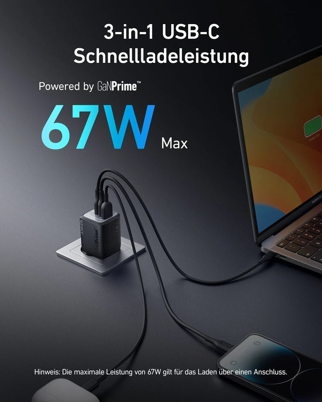 Anker Prime Ladegerät 67 W, 3 Ports (2x USB-C, 1x USB-A), GaNPrime, klappbarer EU-Stecker – Schwarz – Bild 03