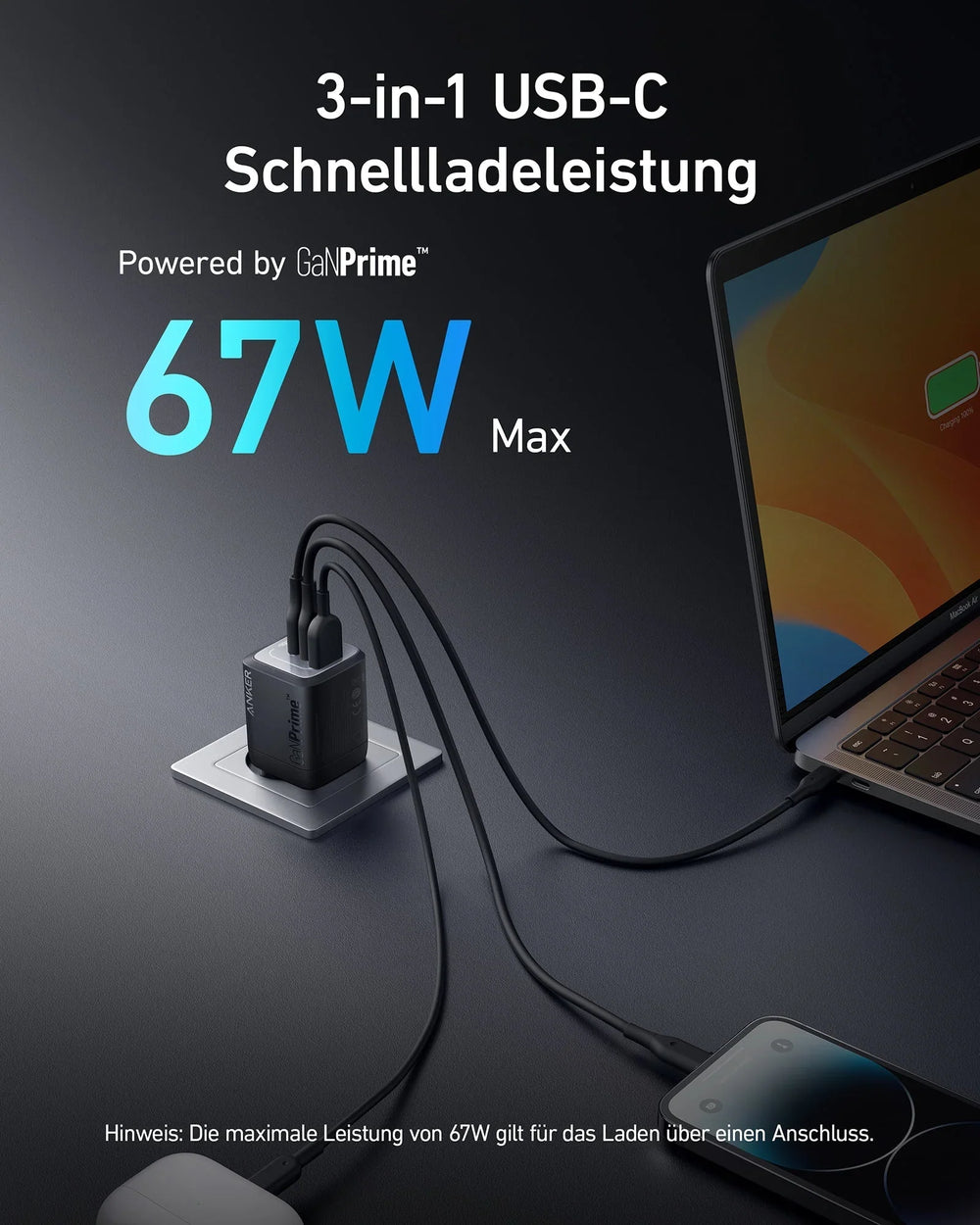Anker Prime Ladegerät 67 W, 3 Ports (2x USB-C, 1x USB-A), GaNPrime, klappbarer EU-Stecker – Schwarz – Bild 03