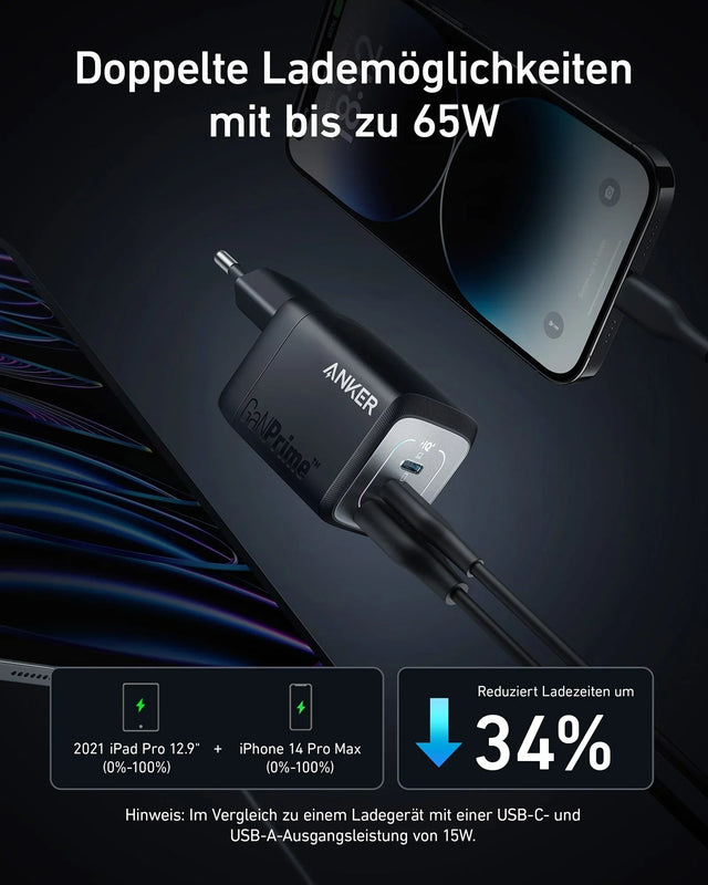 Anker Prime Ladegerät 67 W, 3 Ports (2x USB-C, 1x USB-A), GaNPrime, klappbarer EU-Stecker – Schwarz – Bild 04