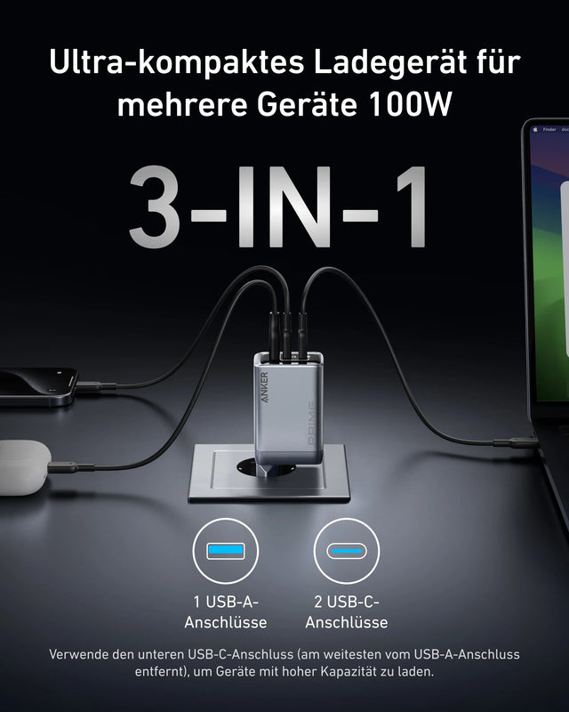 Anker Prime Ladegerät 100 W, 3 Ports (2x USB-C, 1x USB-A), GaN, klappbarer EU-Stecker – Schwarz – Bild 02