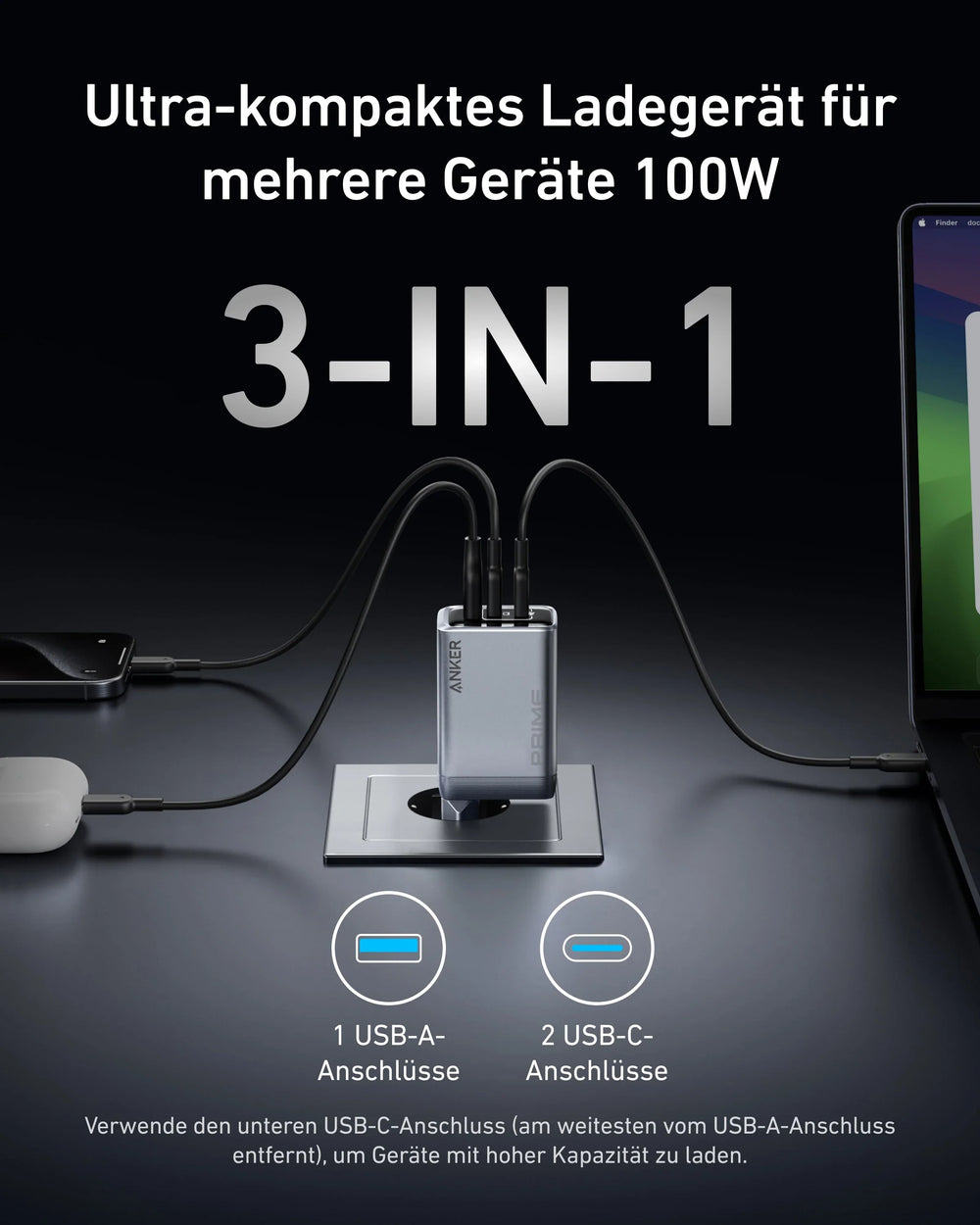 Anker Prime Ladegerät 100 W, 3 Ports (2x USB-C, 1x USB-A), GaN, klappbarer EU-Stecker – Schwarz – Bild 02