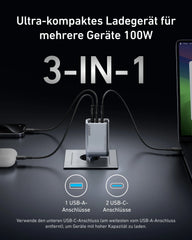 Anker Prime Ladegerät 100 W, 3 Ports (2x USB-C, 1x USB-A), GaN, klappbarer EU-Stecker – Schwarz – Bild 02