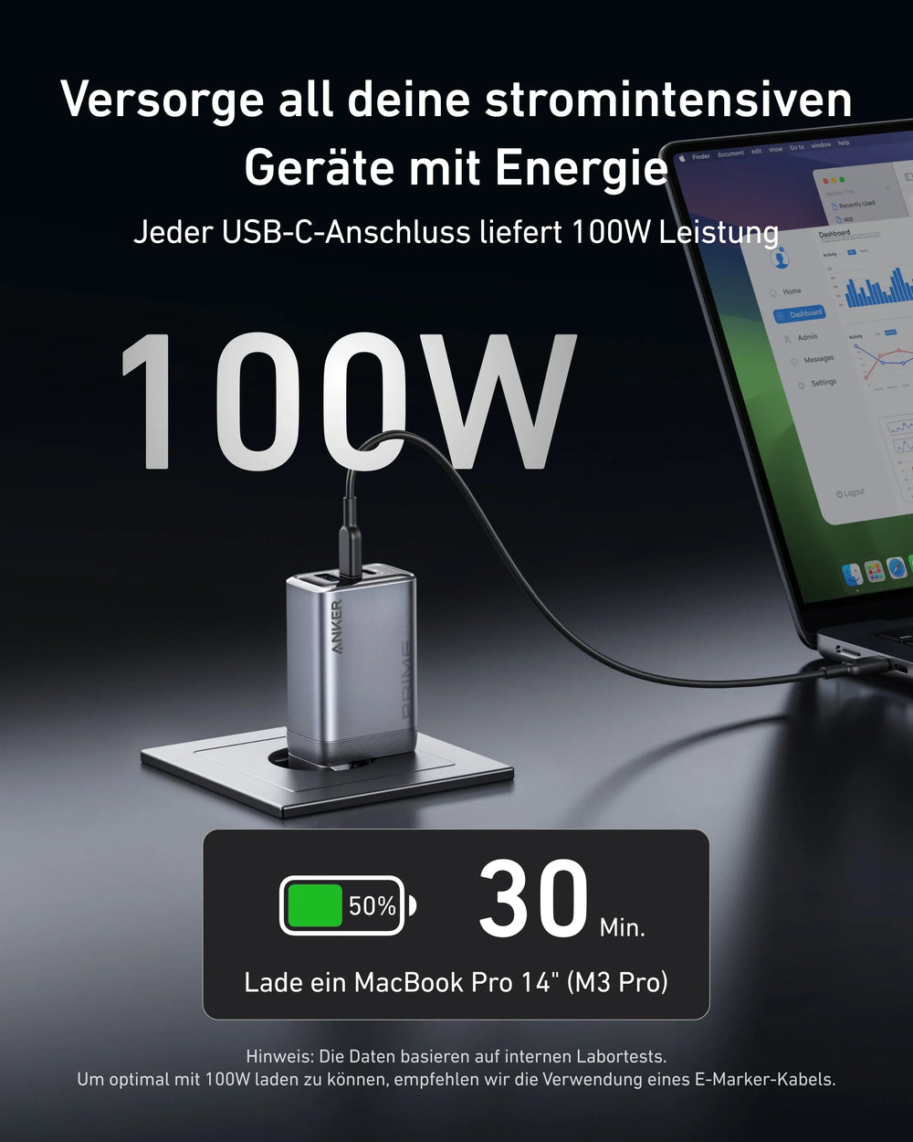 Anker Prime Ladegerät 100 W, 3 Ports (2x USB-C, 1x USB-A), GaN, klappbarer EU-Stecker – Schwarz – Bild 03