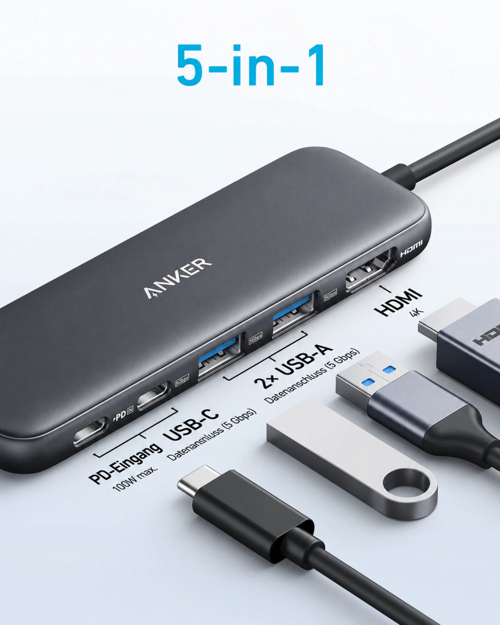 Anker 332 USB-C Hub 5-in-1, HDMI 4K, 3x USB 5 Gbit/s, 100 W PD – Schwarz – Bild 02