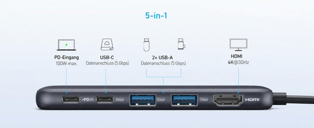 Anker 332 USB-C Hub 5-in-1, HDMI 4K, 3x USB 5 Gbit/s, 100 W PD – Schwarz – Bild 03