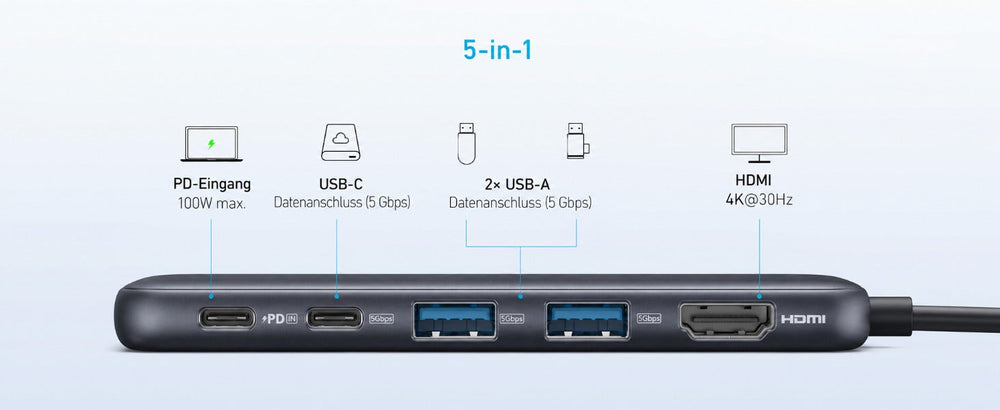 Anker 332 USB-C Hub 5-in-1, HDMI 4K, 3x USB 5 Gbit/s, 100 W PD – Schwarz – Bild 03