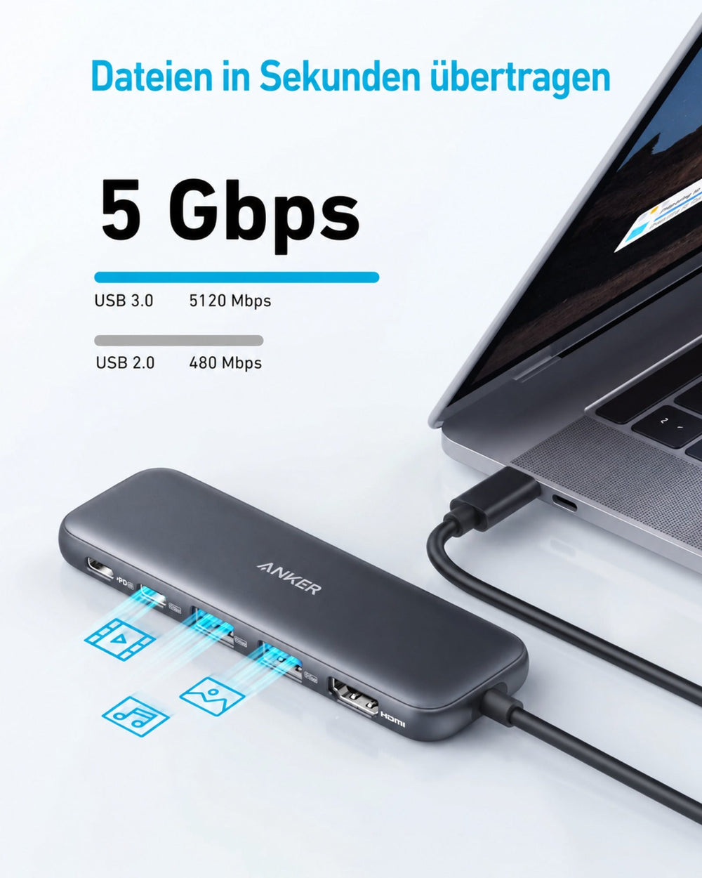 Anker 332 USB-C Hub 5-in-1, HDMI 4K, 3x USB 5 Gbit/s, 100 W PD – Schwarz – Bild 05