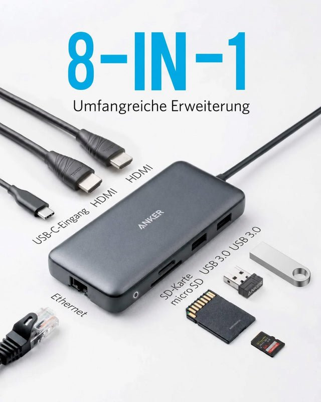Anker PowerExpand 8-in-1 USB-C PD Media Hub (553), 2x HDMI, Gigabit-LAN, 100 W PD – Grau – Bild 03