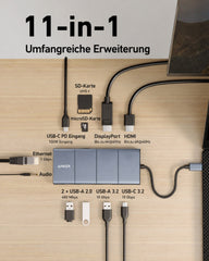 Anker 565 USB-C Hub 11-in-1, HDMI + DisplayPort, 10 Gbit/s, Gigabit-LAN, 100 W PD – Grau – Bild 03