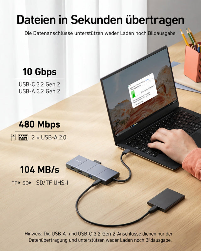 Anker 565 USB-C Hub 11-in-1, HDMI + DisplayPort, 10 Gbit/s, Gigabit-LAN, 100 W PD – Grau – Bild 04