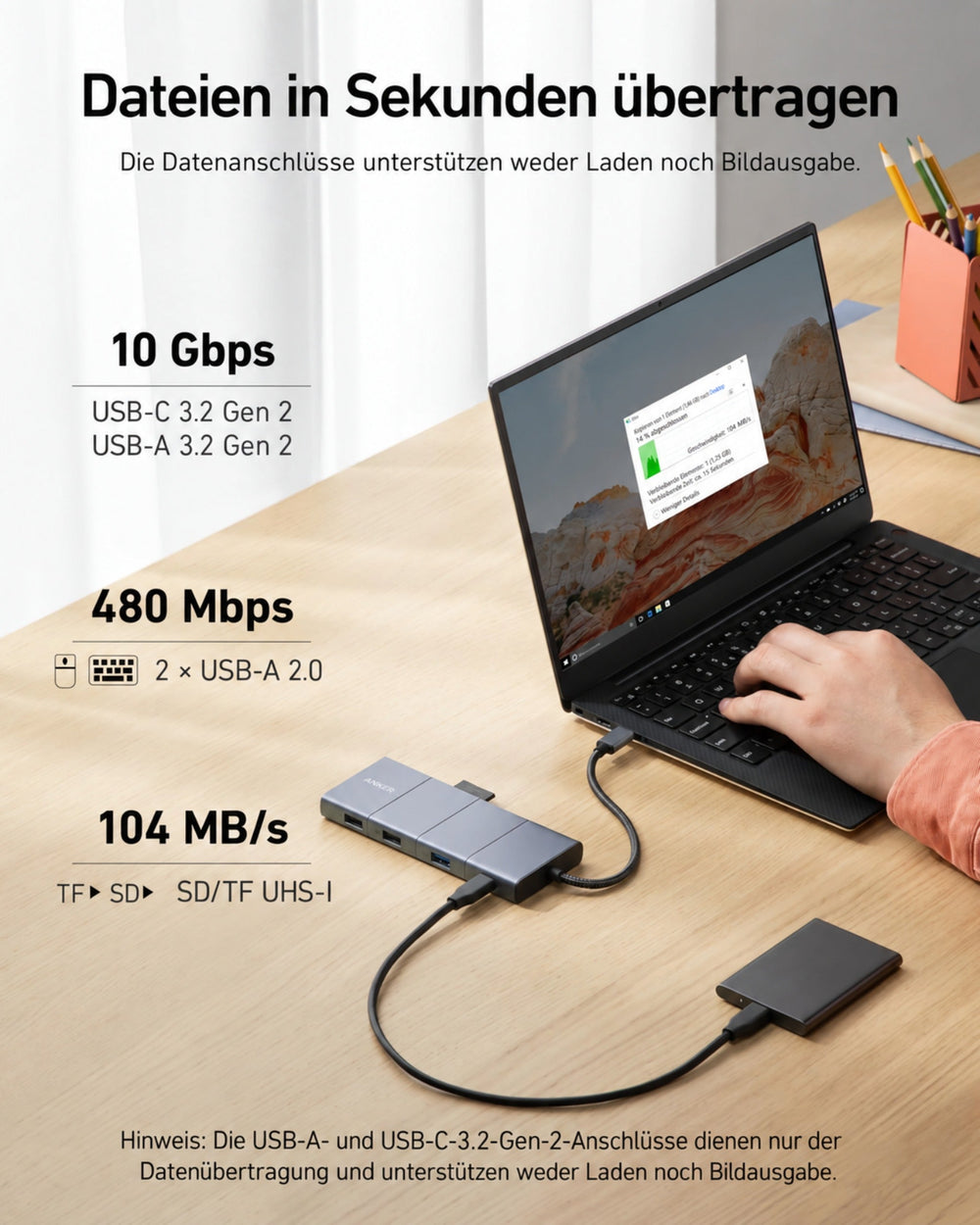 Anker 565 USB-C Hub 11-in-1, HDMI + DisplayPort, 10 Gbit/s, Gigabit-LAN, 100 W PD – Grau – Bild 04