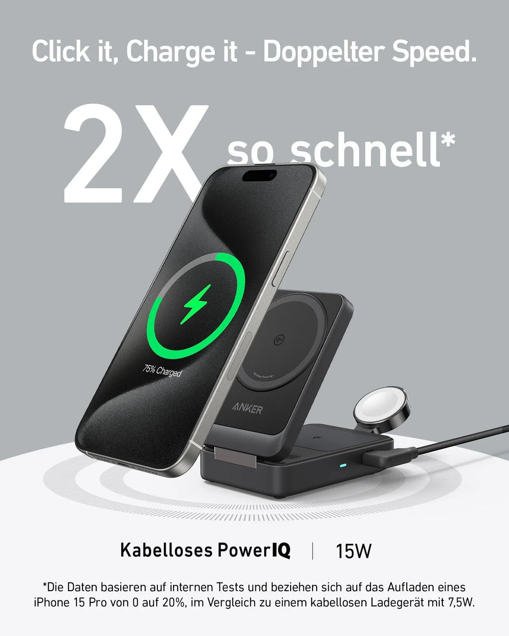 Anker MagGo 3-in-1 Ladestation faltbar, Qi2 15 W, MagSafe-kompatibel, inkl. 40 W Netzteil – Schwarz – Bild 06