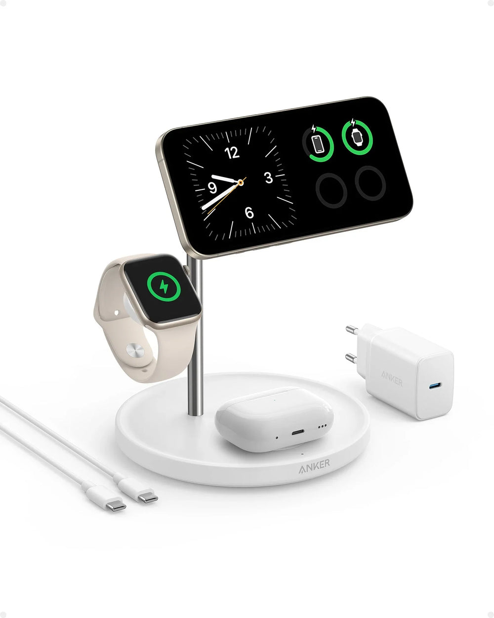 Anker MagGo 3-in-1 Ladeständer, Qi2 15 W, MagSafe-kompatibel, inkl. 40 W Netzteil – Weiß – Bild 07
