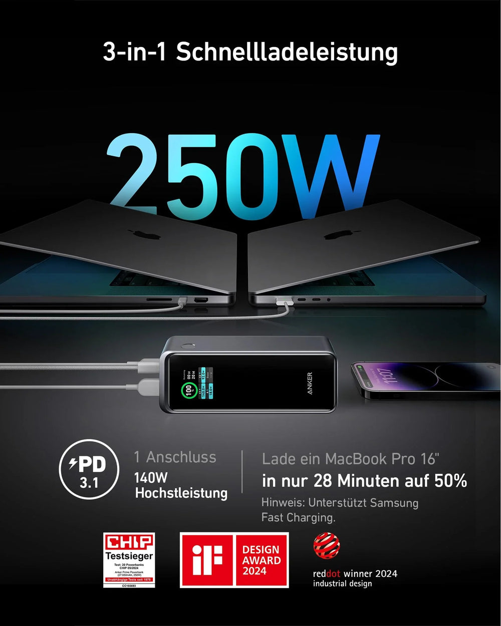 Anker Prime Powerbank 27.650 mAh, 250 W, 3 Anschlüsse, Smart-Display und App-Steuerung – Schwarz/Silber - anker-prime-powerbank-27650mah-250w-a1340012-02.webp