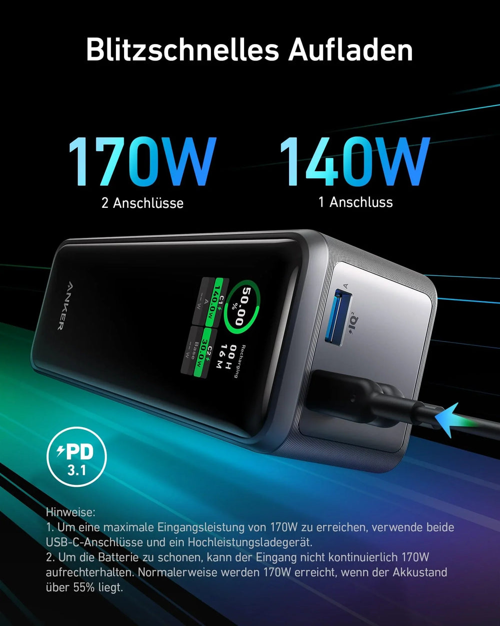 Anker Prime Powerbank 27.650 mAh, 250 W, 3 Anschlüsse, Smart-Display und App-Steuerung – Schwarz/Silber - anker-prime-powerbank-27650mah-250w-a1340012-04.webp