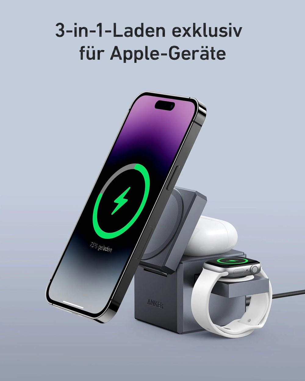 Anker 3-in-1 Cube mit MagSafe, 15 W kabellos, 30 W Netzteil, MFi-zertifiziert – Schwarz – Bild 03