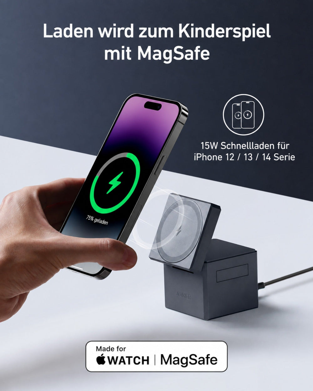 Anker 3-in-1 Cube mit MagSafe, 15 W kabellos, 30 W Netzteil, MFi-zertifiziert – Schwarz – Bild 04