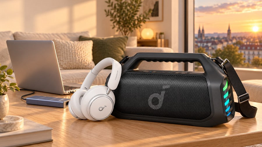 soundcore Boom 2 Pro Lautsprecher und Space Q45 Kopfhörer auf einem Couchtisch bei Sonnenuntergang