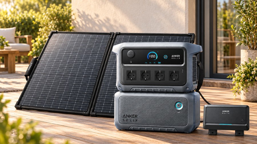 Anker SOLIX C2000 Gen 2 Powerstation mit Erweiterungsakku, Solarpanel und Smart Meter als Set auf einer Terrasse