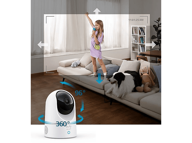 eufy T8410 Innenkamera mit Darstellung des 360-Grad-Schwenkbereichs