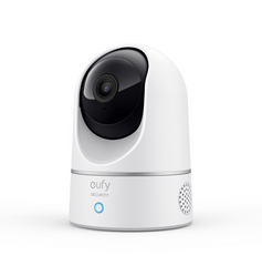 Weiße eufy T8410 Innenkamera in seitlicher Dreiviertelansicht