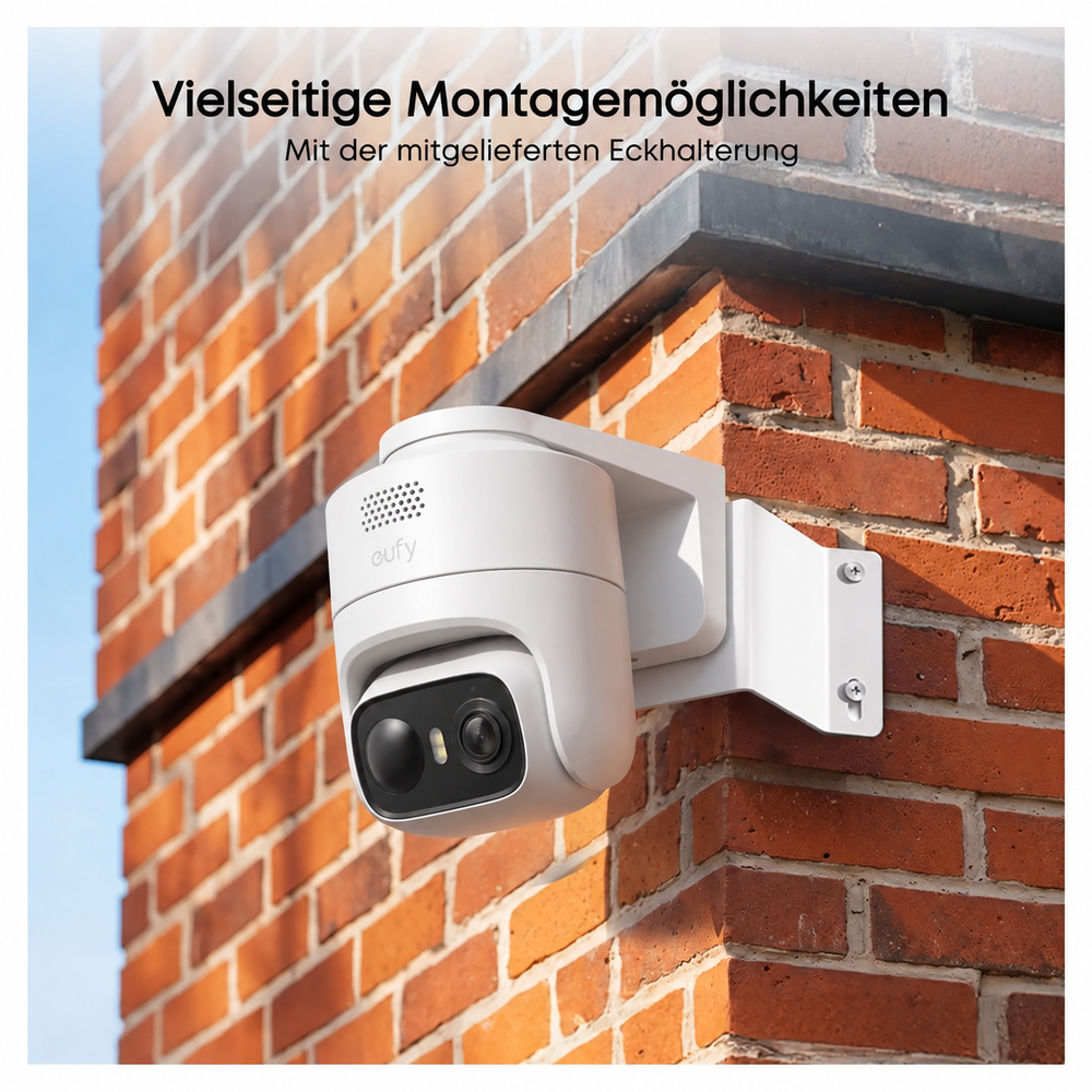 eufyCam C36 mit Solarpanel an einer Gebäudeecke montiert