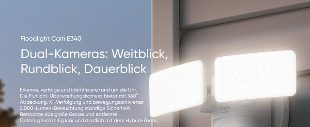 eufy Floodlight Cam E340 – Dual-Kameras mit Weitblick, Rundumblick und Detailblick