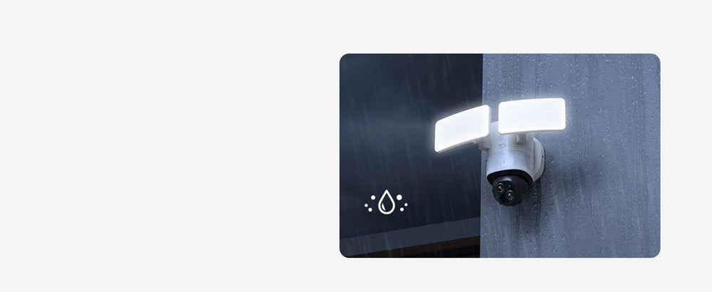 eufy Floodlight Cam E340 im Regen – wetterfeste Montage mit eingeschaltetem Flutlicht