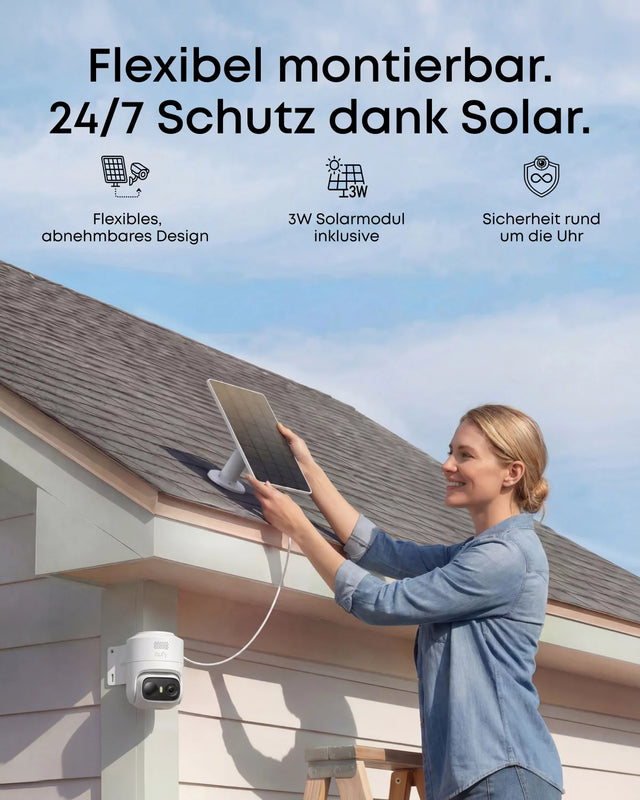 eufyCam C36 mit abnehmbarem 3-W-Solarpanel bei der Montage am Dach