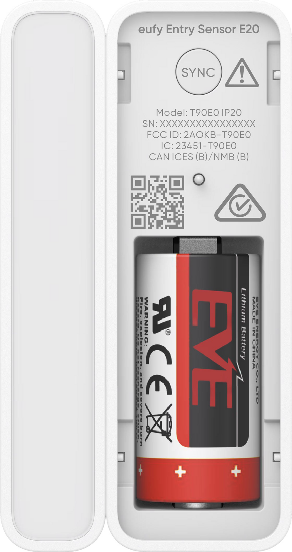 Geöffnetes Batteriefach des eufy Entry Sensor E20 mit CR123A-Batterie