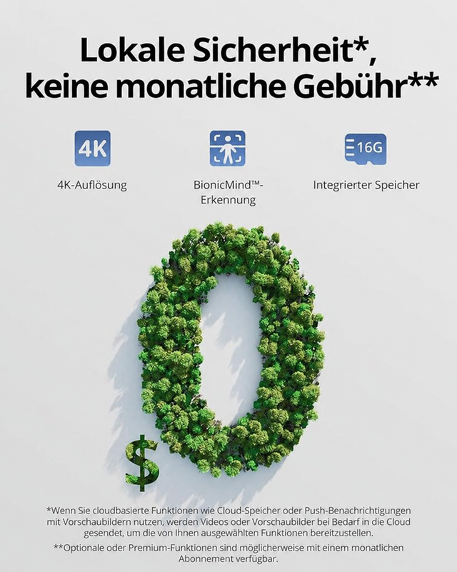 Lokale Speicherung und Sicherheit des eufyCam-S330-Systems ohne monatliche Gebühr; optionale Cloud-Funktionen können Kosten verursachen