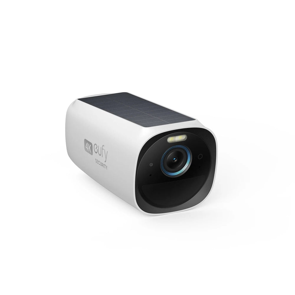 Weiße eufyCam S330 mit integriertem Solarpanel – Produktansicht