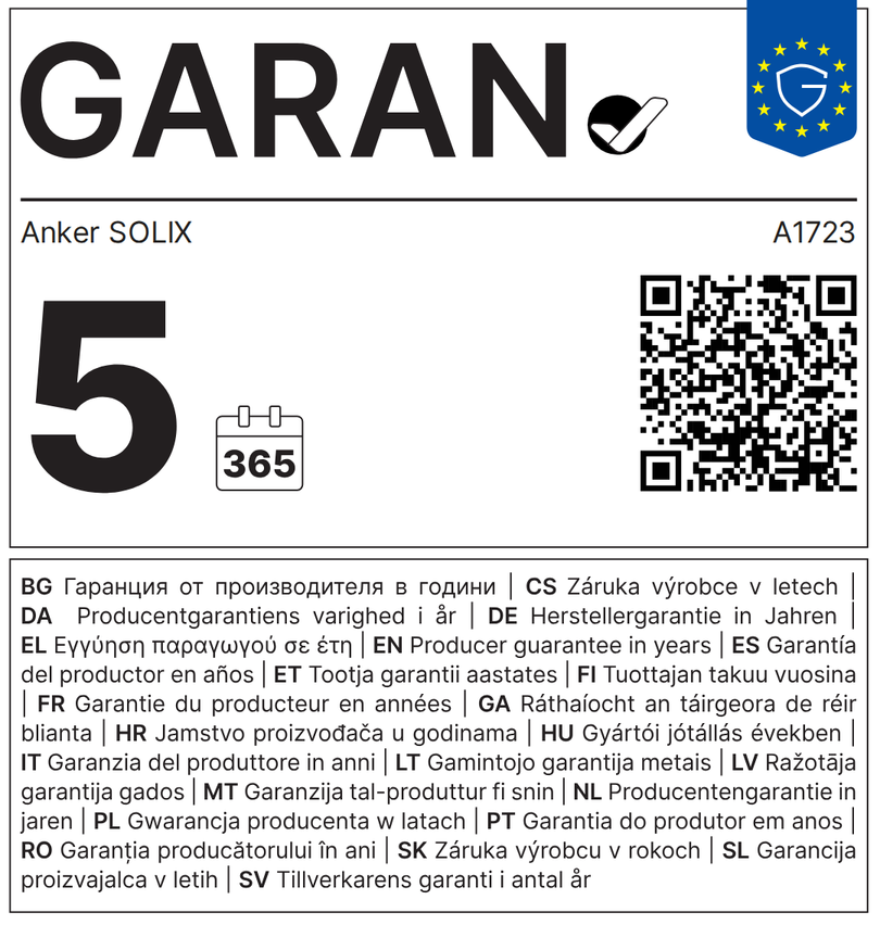 GARAN-Label: 5 Jahre gewerbliche Haltbarkeitsgarantie des Herstellers – Anker SOLIX A1723