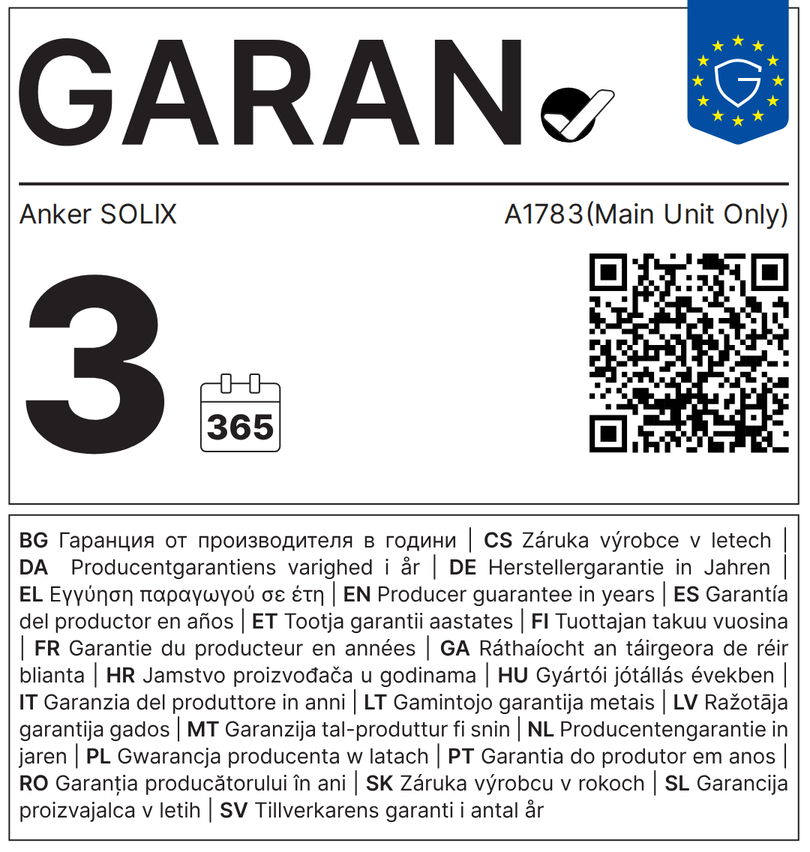 GARAN-Label: 3 Jahre gewerbliche Haltbarkeitsgarantie des Herstellers – Anker SOLIX A1783 (nur Hauptgerät)