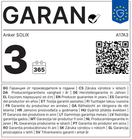 GARAN-Label: 3 Jahre gewerbliche Haltbarkeitsgarantie des Herstellers – Anker SOLIX A17A3