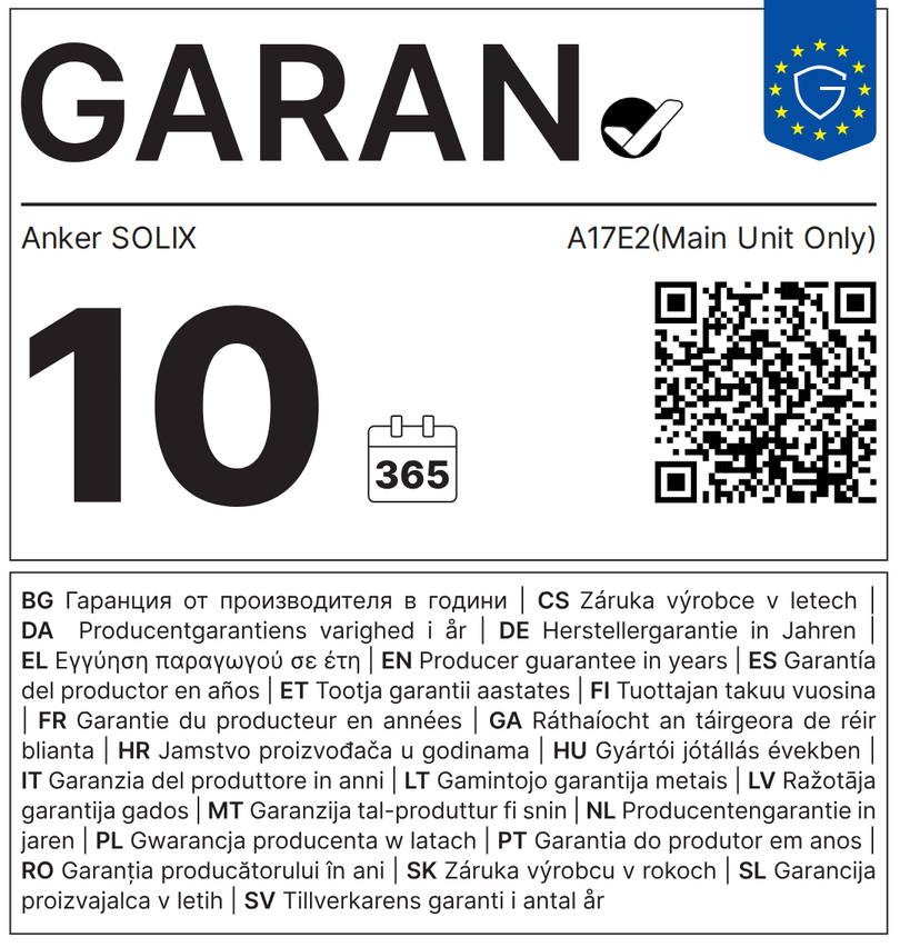 GARAN-Label: 10 Jahre gewerbliche Haltbarkeitsgarantie des Herstellers – Anker SOLIX A17E2 (nur Hauptgerät)
