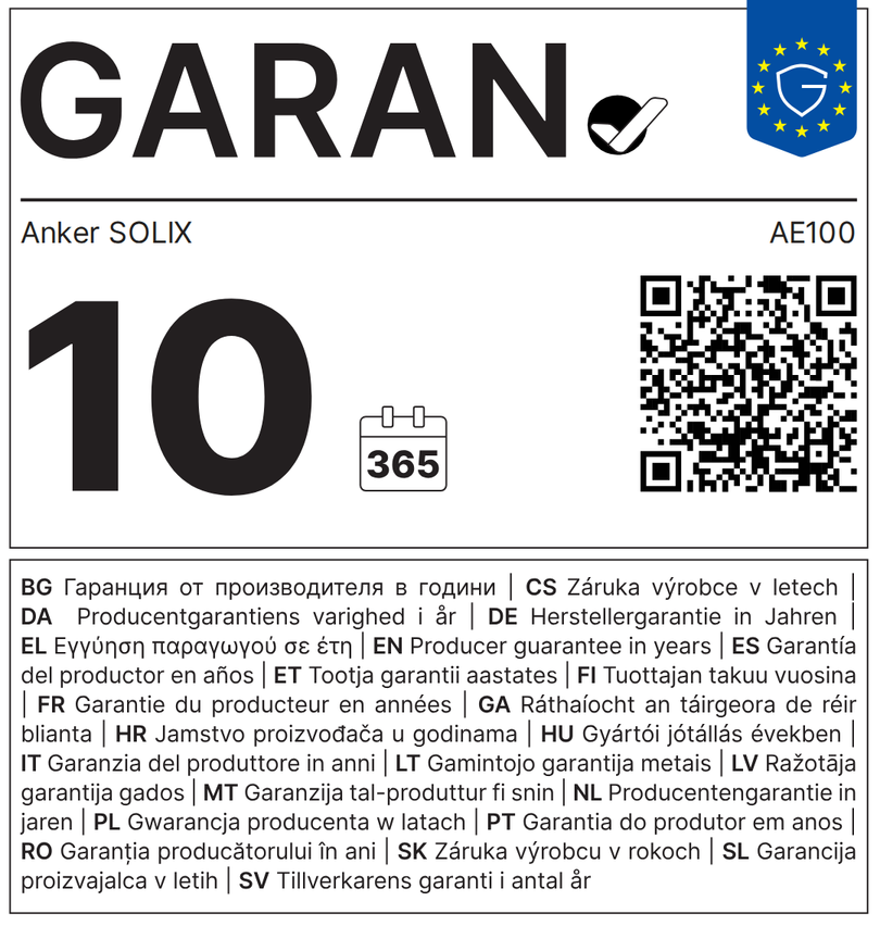 GARAN-Label: 10 Jahre gewerbliche Haltbarkeitsgarantie des Herstellers – Anker SOLIX AE100