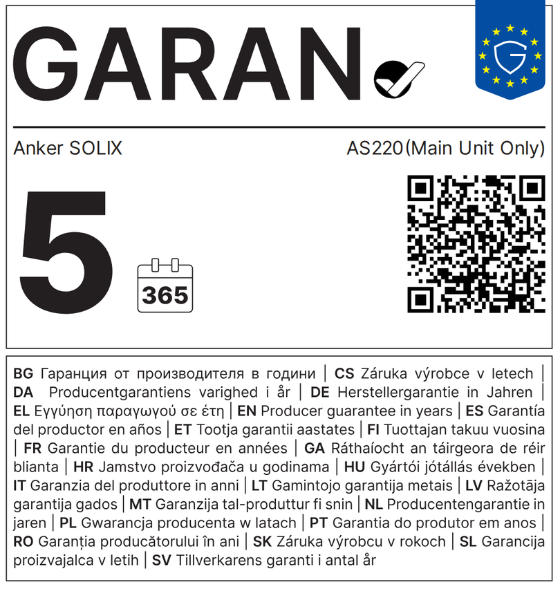 GARAN-Label: 5 Jahre gewerbliche Haltbarkeitsgarantie des Herstellers – Anker SOLIX AS220 (nur Hauptgerät)