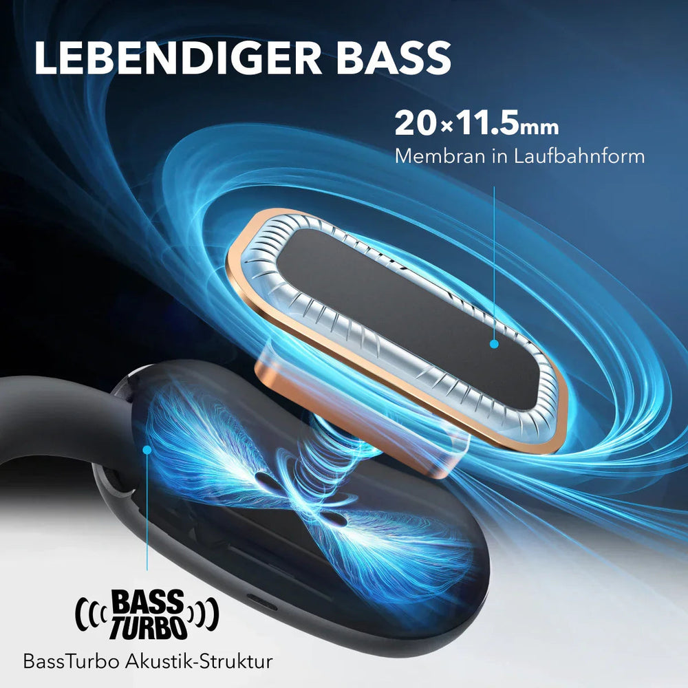 Schwarze soundcore AeroFit 2 mit BassTurbo-Akustikstruktur